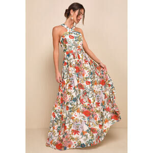 Lulus Lilja Cream Floral Print Maxi Dress Beige - Size XXL